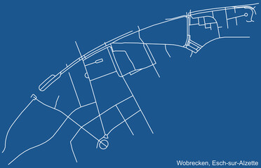 Detailed technical drawing navigation urban street roads map on blue background of the district Wobrécken Quarter of the Luxembourgish regional capital city of Esch-sur-Alzette, Luxembourg