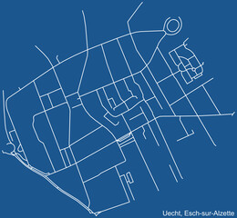 Detailed technical drawing navigation urban street roads map on blue background of the district Uecht Quarter of the Luxembourgish regional capital city of Esch-sur-Alzette, Luxembourg