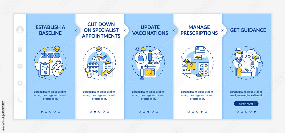 Poster reasons to visit doctor annually onboarding vector template. responsive mobile website with icons. w