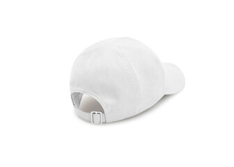 White baseball cap isolated on white background. Baseball cap in angles view front and back. Canvas fabric cap for premium gift design.