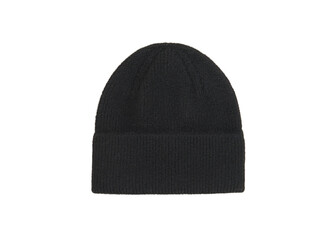 Black knitted winter hat isolated on white background. Warm Woolen hat. Close shot of cold weather winter handmade knitting clothes.