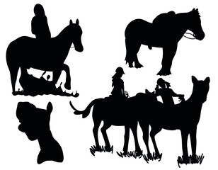 Black and white vector flat illustration:  horse silhouettes set