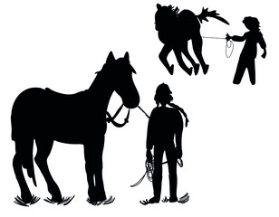 Black and white vector flat illustration:  horse silhouettes set