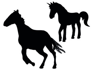 Black and white vector flat illustration:  horse silhouettes set