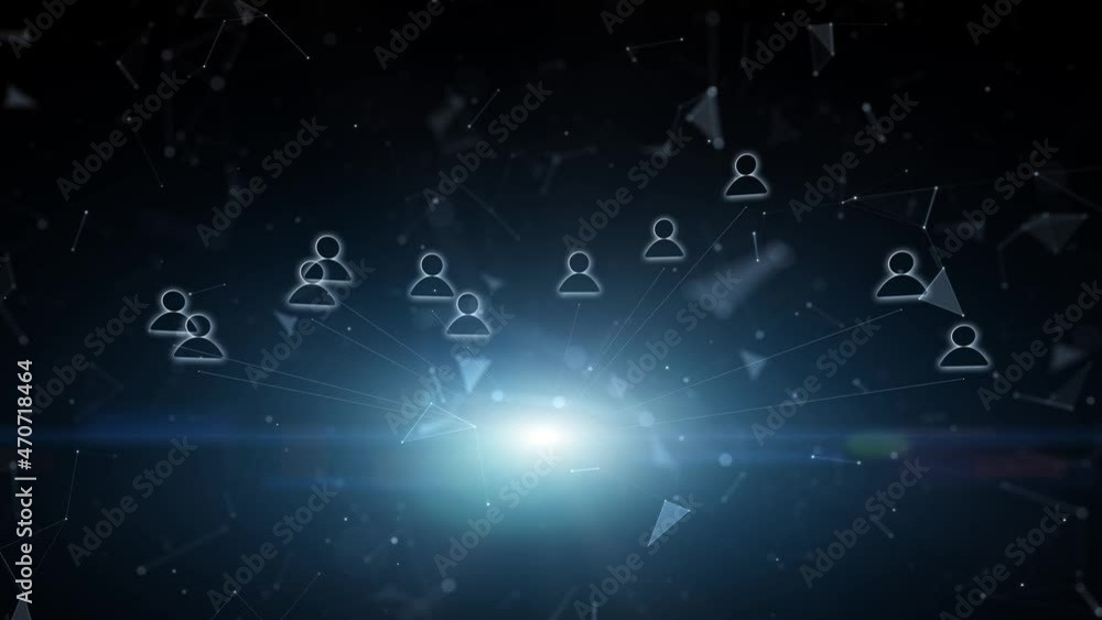 Poster business people icons glowing in dark cyberspace technology network seamless loop copy space animati