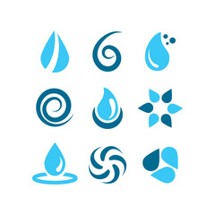Collection of abstract blue water droplets symbols.