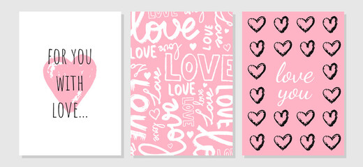 Naklejka premium Happy Valentine's Day set cards. Hand drawn romantic lettering. Holiday design, greeting cards, gift card, wedding invitation. Valentine`s Day celebration. Vector illustration. EPS 10