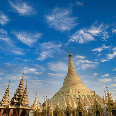 panorama view to the most famous and biggest Shwedagon pagoda with group of golden stupes beside in Yangon, Myanmar (Burma)