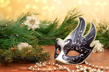 Luxurious Venetian mask. New year and Christmas party holiday banner design. Carnival masquerade...