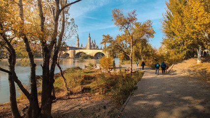 Photograph of autumn in Zaragoza, with the trees full of orange and yellow colors and a beautiful blue sky. Aragon. Spain.