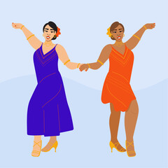 Illustration of professional ballroom dancers in bright outfits