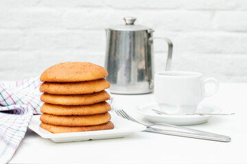 Fototapeta na wymiar pancake cake maple syrup hand hold woman kitchen chef tea coffee
