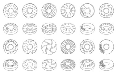 Sweet donut ouline vector set icon. Isolated icon chocolate and cream doughnut.Vector illustration donut of sprinkles dessert on white background .