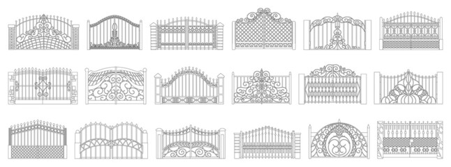 Fence gate isolated ouline set icon. Vector ouline set icon metal entrance. Vector illustration fence gate on white background.
