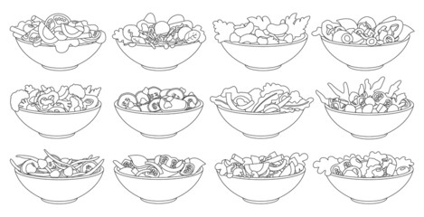 Vegetable salad isolated ouline set icon. Ouline vector set icon bowl lettuce. Vector illustration vegetable salad on white background.