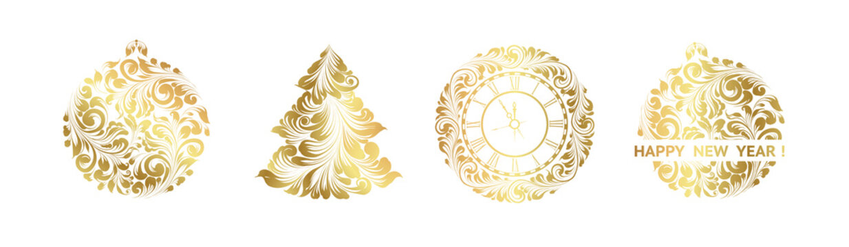 Set of Christmas elements. Hand drawn ornament of gold color. Happy new year.