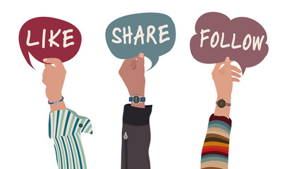 Raised hands and arms of colleagues or friends holding speech bubble with the text -like-share-follow- inside. Concept of communication and sharing on social networks.Recommend following