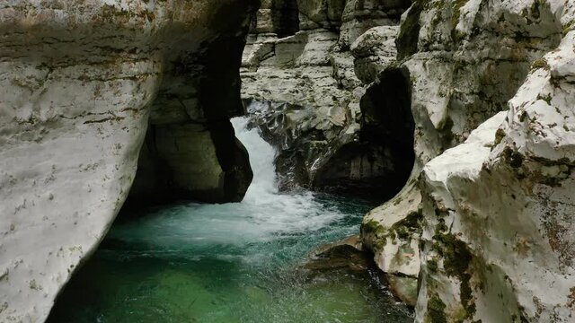 Caucasus. A flight in the Navalishinsky canyon over the Khosta mountain river. Subtropical forest.