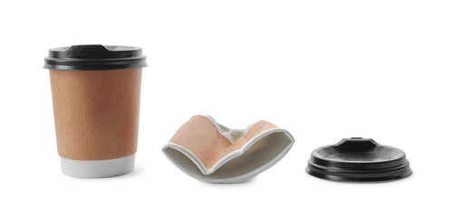 New and crumpled takeaway paper coffee cups on white background