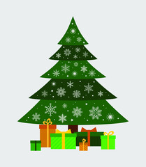 Gifts in green and gold wrapping paper under a green Christmas tree decorated with white snowflakes. Christmas and New Year flat vector illustration