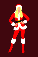 Beautiful blonde Mrs. Santa Claus in a red suit with white fur and red high heels. Christmas character. Flat vector illustration