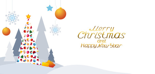 Christmas modern design with colorful fir tree and decorations isolated