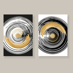 Set of minimalistic elegant wall decor posters. Black, white and gold strokes and spots with grunge texture. Creative templates for parties, cards, posters, covers, labels, home decor.