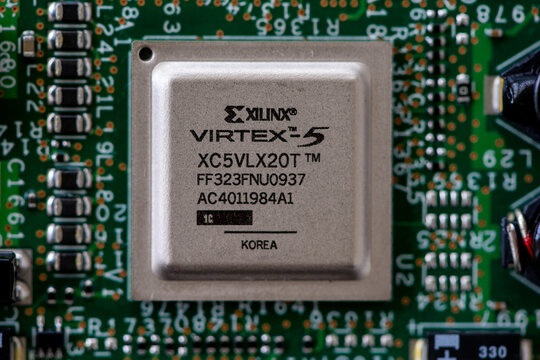 Timisoara, Romania - May 25, 2020: Close-up of a Xilinx . Cirtex-5 XC5VLX20T FPGA integrated circuit. Electronic components