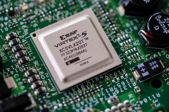 Timisoara, Romania - May 25, 2020: Close-up of a Xilinx . Cirtex-5 XC5VLX20T FPGA integrated circuit. Electronic components