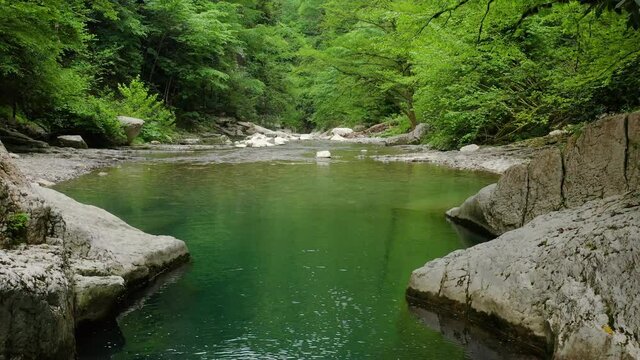 Caucasus. A flight in the Navalishinsky canyon over the Khosta mountain river. Subtropical forest.