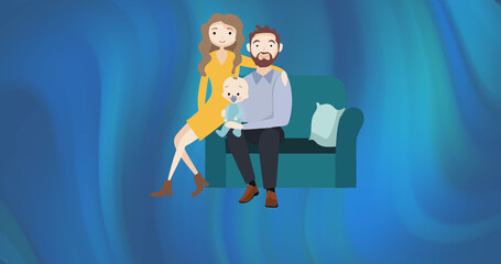 Image of illustration of happy parents sitting holding baby on blue and green background