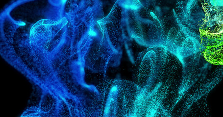 Image of glowing blue and green particle vapours moving on black background