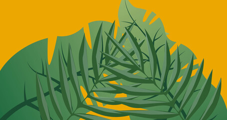 Image of exotic green leaf shapes moving on yellow background