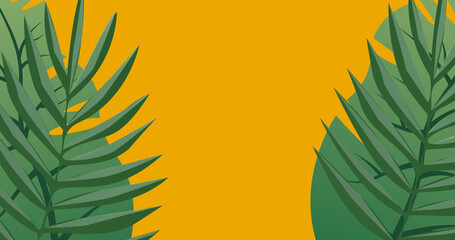 Image of exotic green leaf shapes moving on yellow background