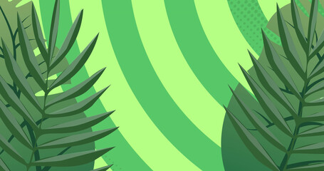 Image of illustration of exotic green leaf shapes moving over radial green stripes