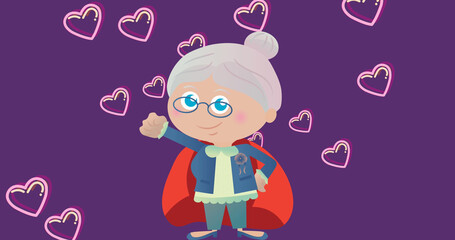 Image of illustration of happy senior woman wearing superhero cape, with hearts, on purple