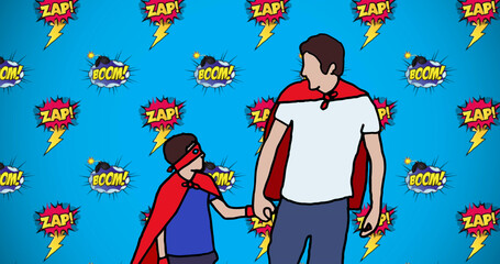 Fototapeta na wymiar Image of illustration of zap, boom text over father and son holding hands in superhero costumes