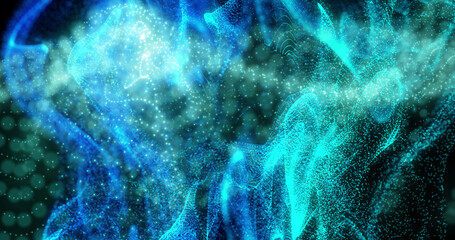 Image of blue vapour over glowing dot network moving on black background