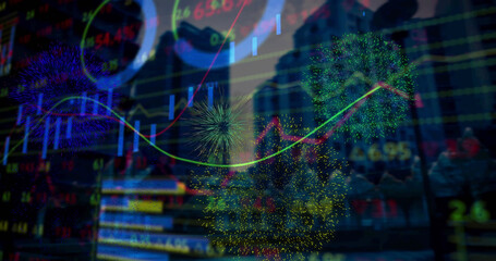 Image of statistics over fireworks and buildings