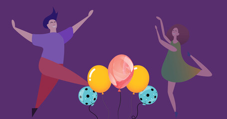 Image of illustration of happy man and woman dancing for joy, with balloons on purple background