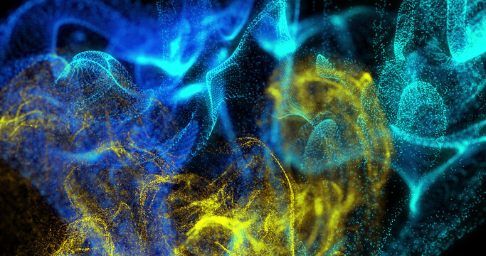 Image of glowing blue and yellow particle forms moving on black background