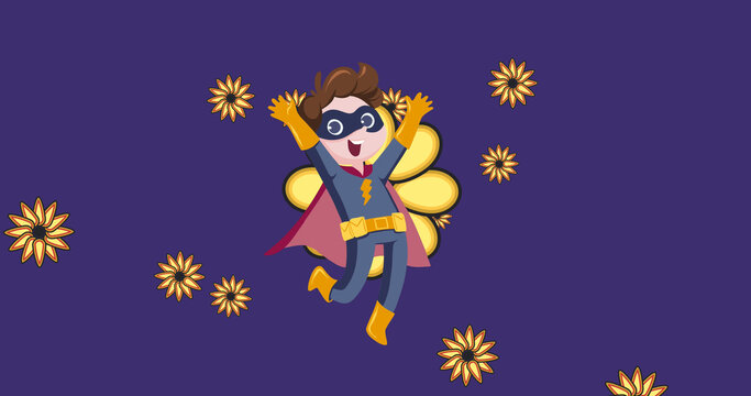 Image of illustration of happy boy in superhero costume over yellow flowers on purple background