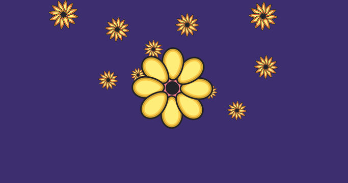Image of illustration of happy boy in superhero costume over yellow flowers on purple background