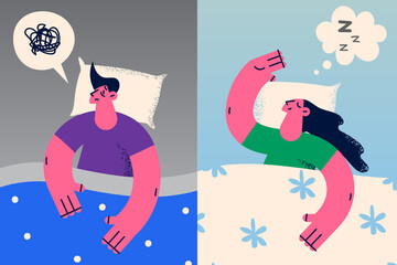 Man and woman in bed have good and bad sleep 