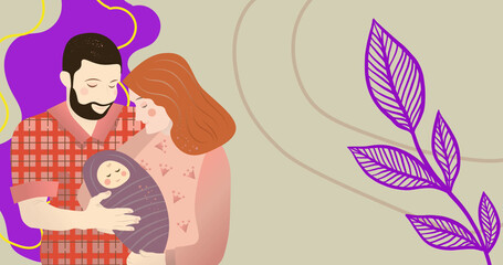 Image of illustration of smiling parents holding baby, with organic shapes and purple leaves