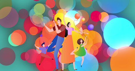 Image of happy family dancing with balloons on blue background