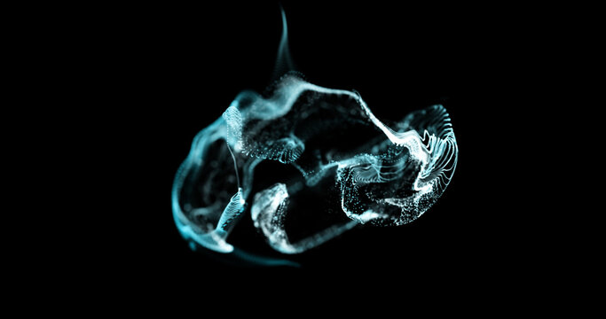 Image of white and blue particles and liquids moving on black background