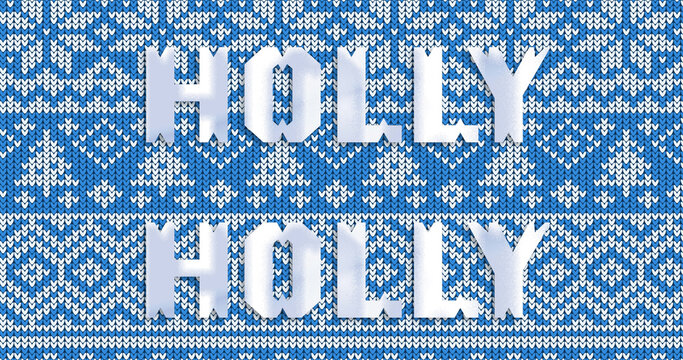 Image of holly text in repetition at christmas on blue background