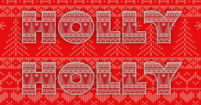 Image of holly text in repetition at christmas on red background