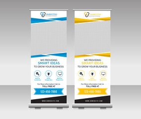 Banner roll-up design, business concept. Graphic template roll-up for exhibitions, banner for seminar, layout for placement of photos. Universal stand for conference, promo banner vector background.